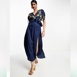 ASOS DESIGN embroidered satin midi dress with frill waist in navy